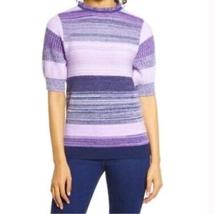 HALOGEN Purple Stripe Short Sleeve Pullover Sweater Medium